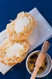 High angle view of bread in plate on table