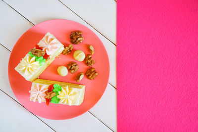 High angle view of fruits in plate on table