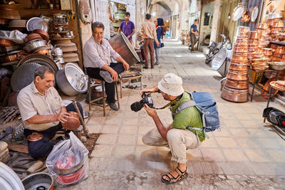 High angle view of people working