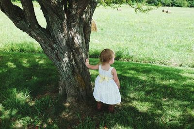 High angle view of girl standing by tree on field