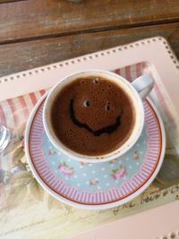 High angle view of coffee on table