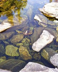 High angle view of pebbles in lake