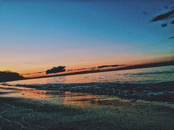 Scenic view of beach against clear blue sky