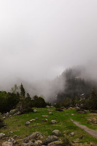 Scenic view of landscape against sky during foggy weather