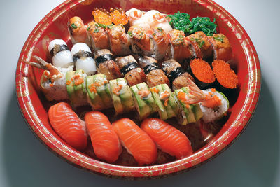 High angle view of fish in bowl on table