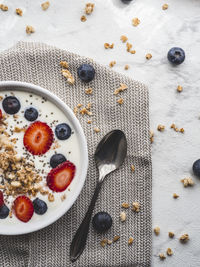 High angle view of breakfast served on table