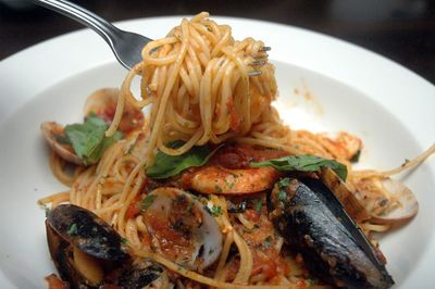 High angle view of seafood pasta served in plate