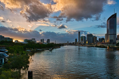Buildings by river against sky during sunset