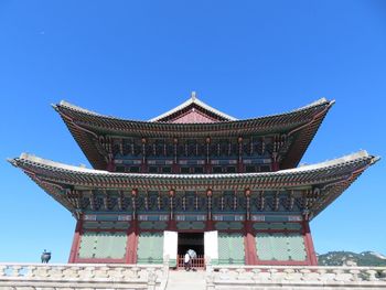 Low angle view of temple building against clear blue sky