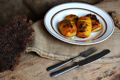 High angle view of food in plate