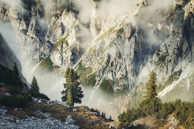 Scenic view of dolomites in foggy weather