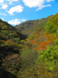 Scenic view of mountains against sky during autumn