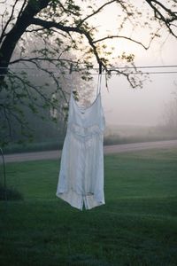 Clothes hanging on tree in field against sky