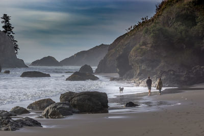 People with dog walking at beach against mountains