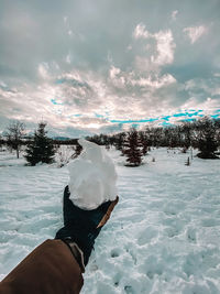 Person hand on snowcapped mountain against sky