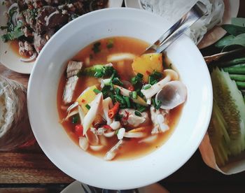 Directly above shot of soup in bowl on table