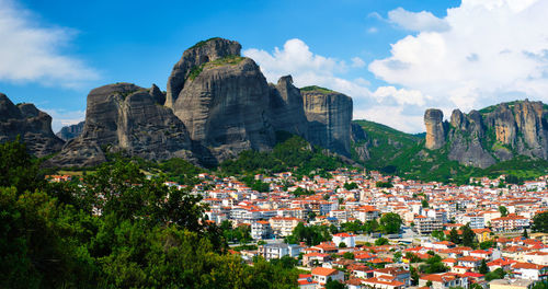 View of kalampaka village in famous greek tourist destination meteora in greece