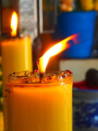 Close-up of lit candle on table