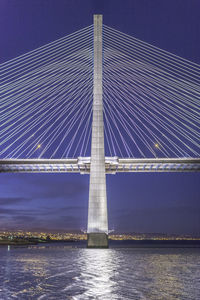 Low angle view of suspension bridge over river against sky