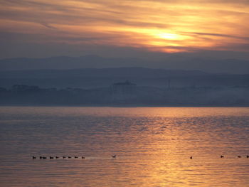 Scenic view of sea against orange sky