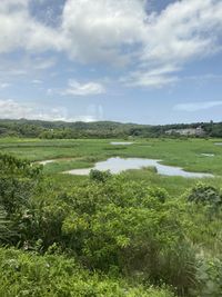 Scenic view of lake against sky