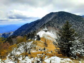 Scenic view of snow covered mountains against sky