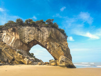 Rock formation on beach against sky