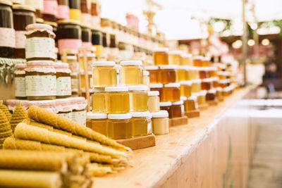 Food arranged in containers at store for sale