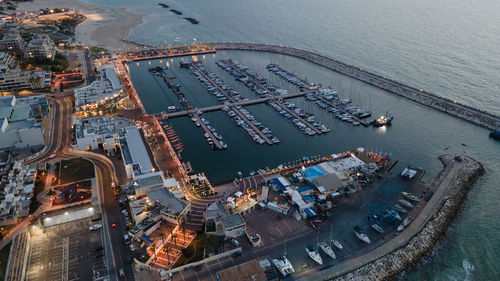 High angle view of cityscape at harbor