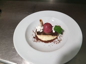 High angle view of dessert in plate on table