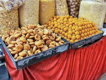 High angle view of food for sale at market stall