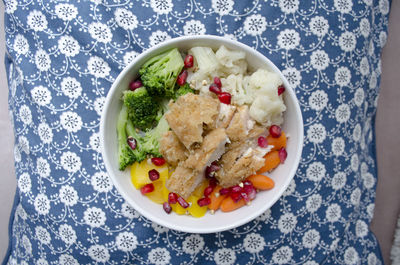 High angle view of breakfast served on table