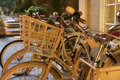 Close-up of bicycles parked in row