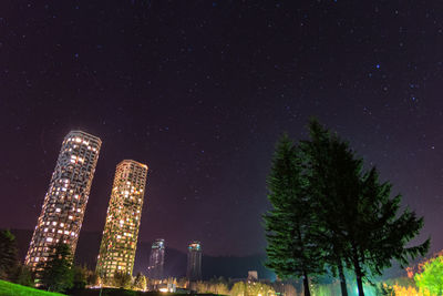Low angle view of trees and buildings against sky at night