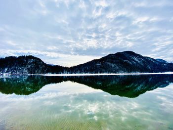 Scenic view of lake by mountains against sky