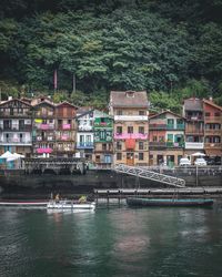 River by buildings against trees