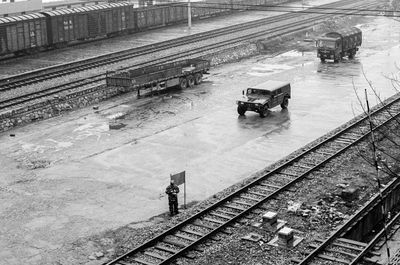 High angle view of train at railroad station