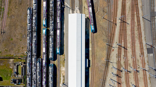 High angle view of trains on railroad tracks