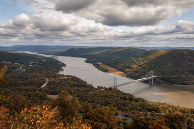 Scenic view of river by mountains against sky