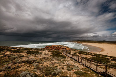 Scenic view of beach against cloudy sky