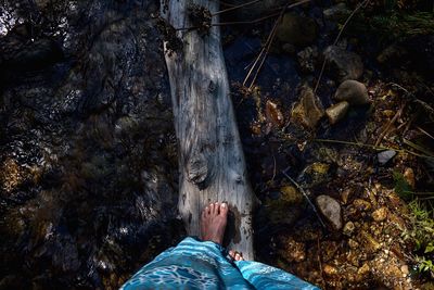 Low section of woman walking on log over stream