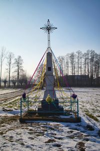 Traditional windmill on field against clear sky