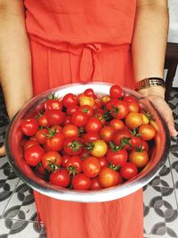 Midsection of woman holding tomatoes in bowl