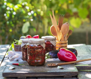 Preserves in jars on table