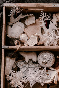 High angle view of shells in wicker basket