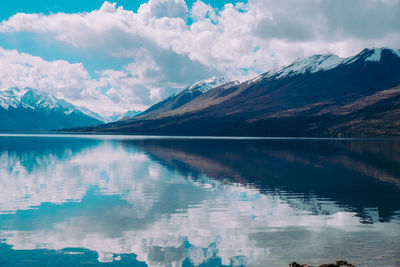 Scenic view of lake and mountains against sky