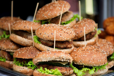 Close-up of burgers in tray