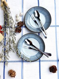 Directly above shot of fork and spoon in plates on table