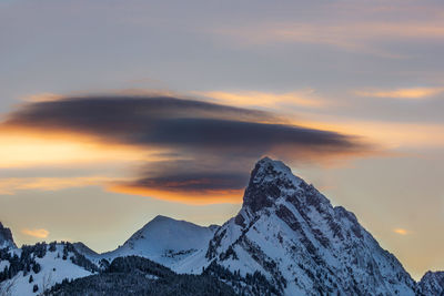 Scenic view of mountains against sky during sunset