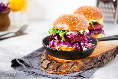 Close-up of burger on table